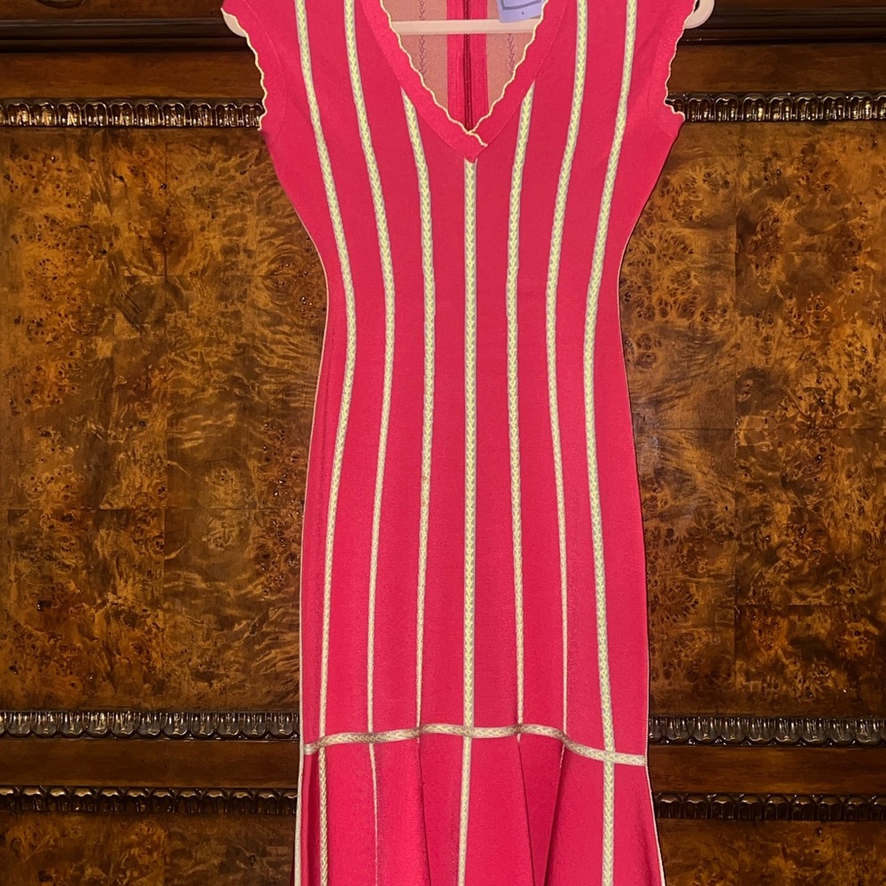 Herve Leger Elegant Pink and Gold Striped Bandage Dress